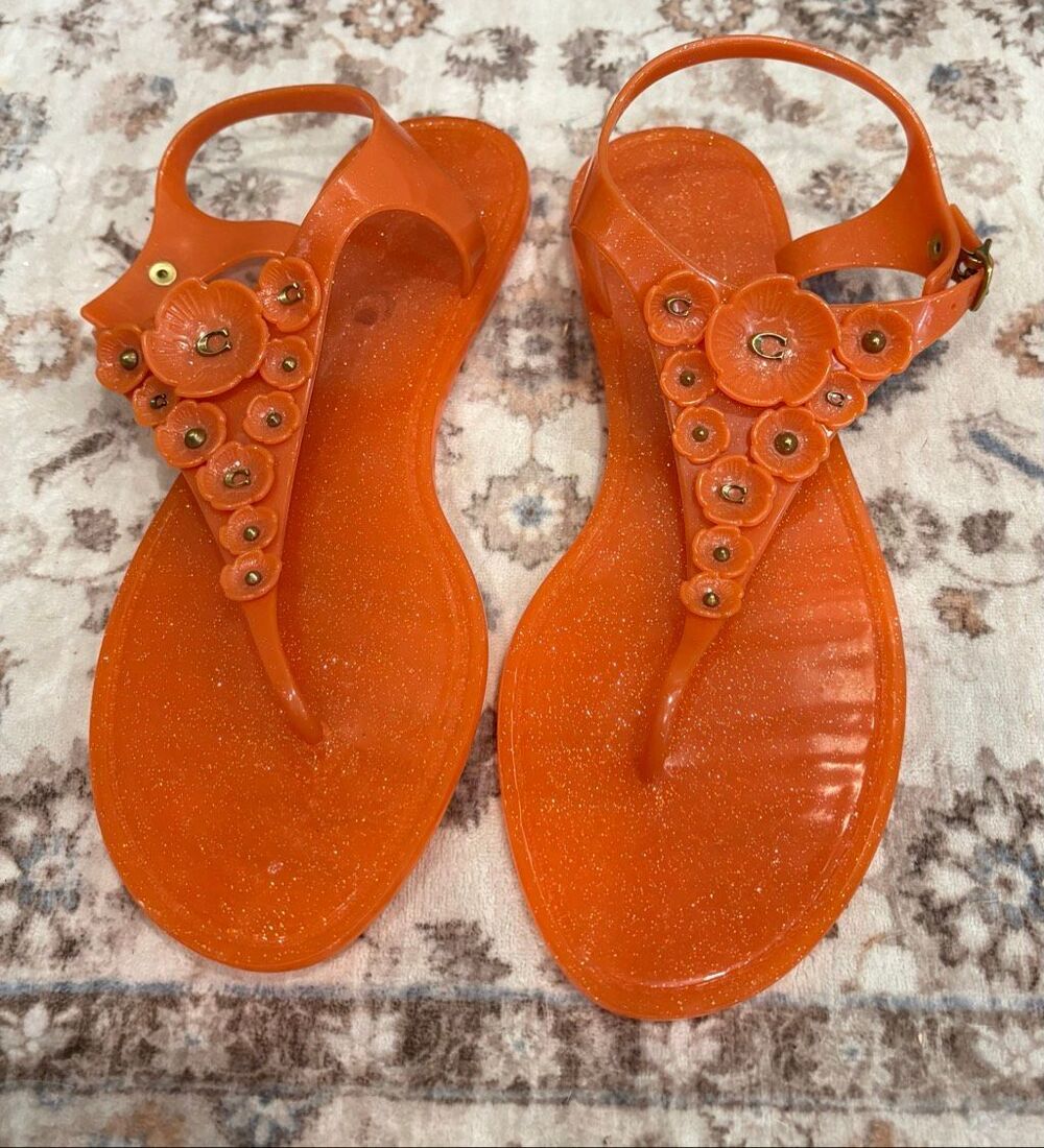 Coach Womens T-Strap Jelly Sandals Flower Applique Glitter G2071 Orange Size 10B